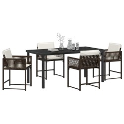 Ensemble de salle à manger de jardin , 5 pièces, avec coussins, en poly rattan marron 