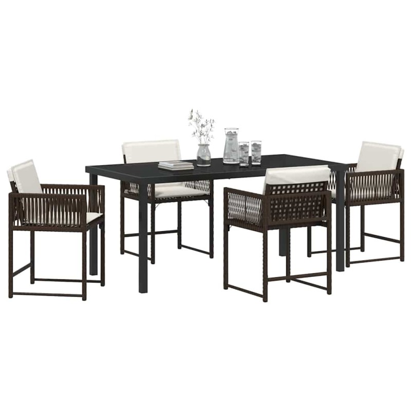 Ensemble de salle à manger de jardin , 5 pièces, avec coussins, en poly rattan marron 