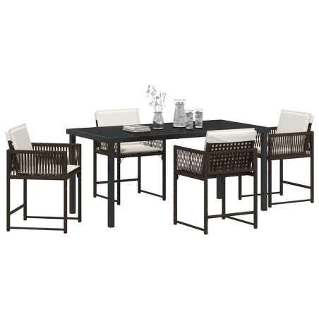 Ensemble de salle à manger de jardin , 5 pièces, avec coussins, en poly rattan marron 