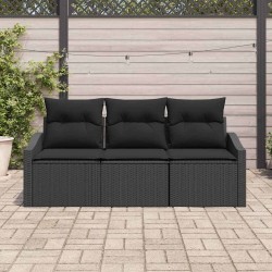 Ensemble de canapé de jardin 3 pièces avec coussins en poly rattan noir 