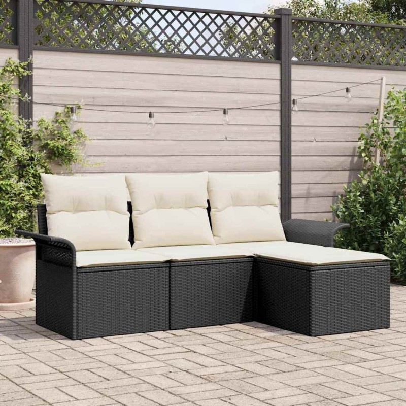 Ensemble de canapé de jardin 4 pièces avec coussins Noir Poly Rattan 
