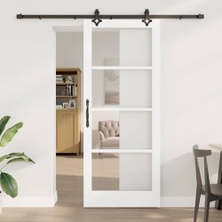 Porte Coulissante avec Matériel Blanc 86x211 cm Bois Massif de Pin 