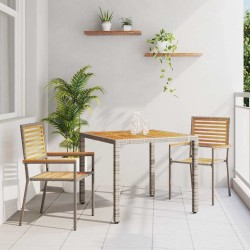 Ensemble de salle à manger de jardin 3 pièces gris en rotin synthétique et acacia 