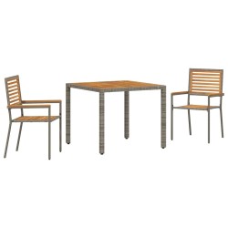 Ensemble de salle à manger de jardin 3 pièces gris en rotin synthétique et acacia 