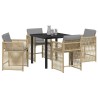 Ensemble de salle à manger de jardin 5 pièces avec des coussins en rotin synthétique beige. 