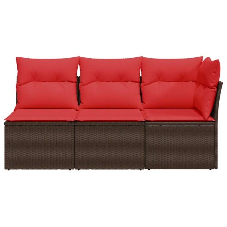 Canapé de jardin 3 places en poly rattan marron avec coussins. 