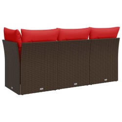 Canapé de jardin 3 places en poly rattan marron avec coussins. 