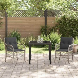 Ensemble de jardin 3 pièces avec coussins en poly rotin gris clair 