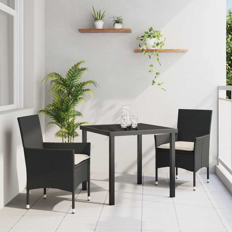 Ensemble de jardin en 3 pièces avec coussins en rattan poly noir 