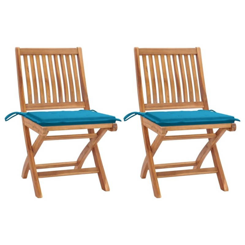Chaises de jardin lot de 2 et coussins bleu Bois de teck massif 