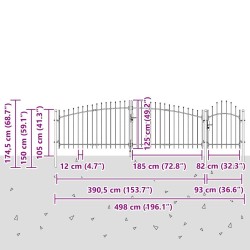 Portail de jardin avec pointe de lance gris 125 x 500 cm, en acier 