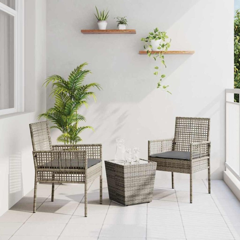 Set de Bistro de Jardin 3 Pièces avec Coussins Gris en Poly Rattan 