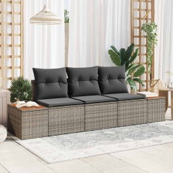 Ensemble de 3 Canapés de Jardin avec Coussins Gris Poly Rattan Acacia 