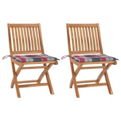 Chaises de jardin lot de 2 avec coussins à carreaux rouge Teck 