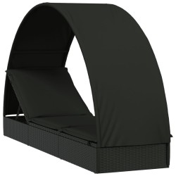 Chaise longue avec toit rond noir 211x57x140 cm résine tressée 