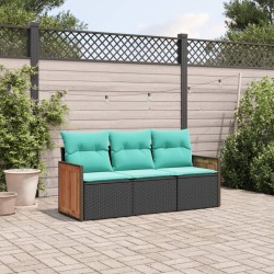Salon de jardin 3 pcs avec coussins noir résine tressée 