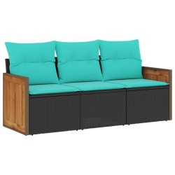 Salon de jardin 3 pcs avec coussins noir résine tressée 