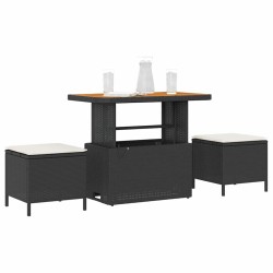 Ensemble de salle à manger de jardin de 3 pièces avec coussins en poly rotin noir et acacia 
