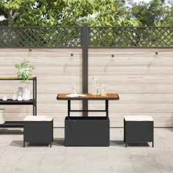 Ensemble de salle à manger de jardin de 3 pièces avec coussins en poly rotin noir et acacia 