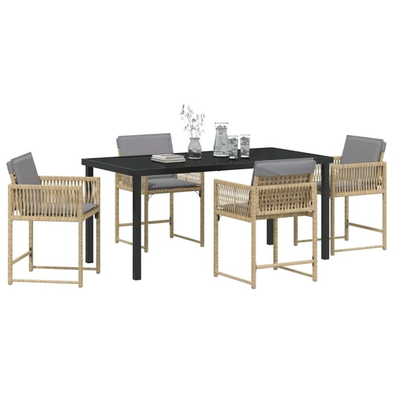Ensemble de salle à manger de jardin , 5 pièces, avec coussins en poly rotin beige. 