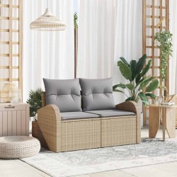 Canapé de jardin 2 places avec coussins beige en poly rattan 