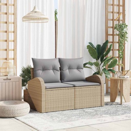 Canapé de jardin 2 places avec coussins beige en poly rattan 