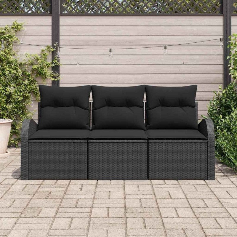 Canapé de Jardin 3 Pièces avec Coussins Noirs en Rattan Synthétique 