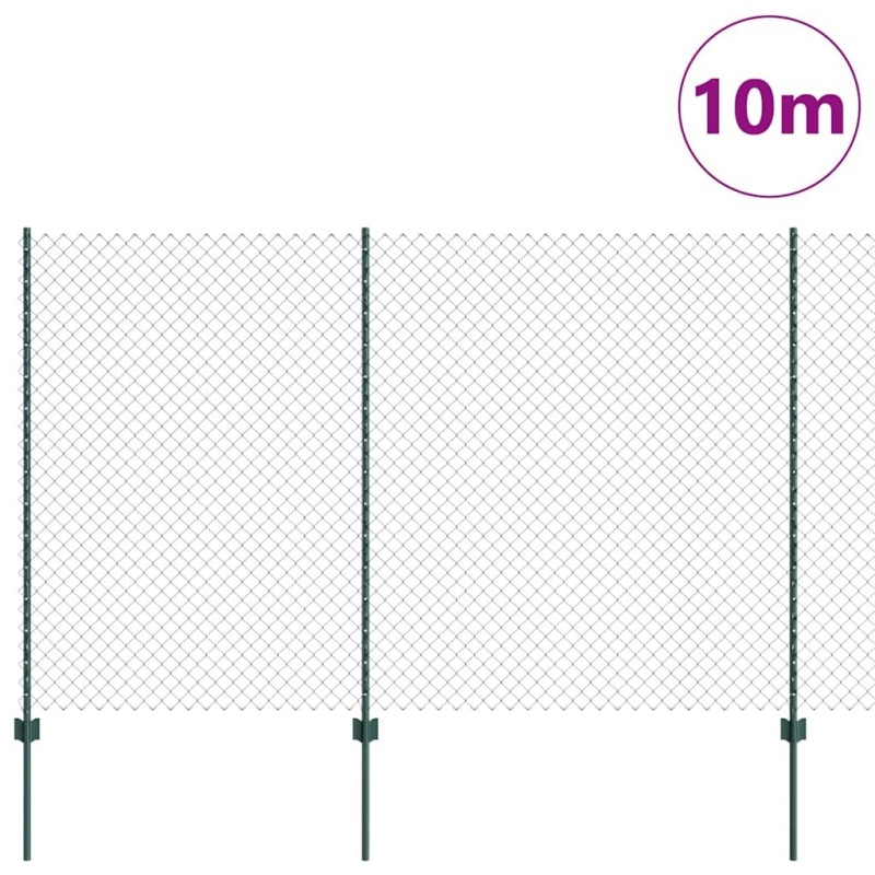 Clôture en Maillon de Chaîne avec 10 Poteaux en U Vert 1.5x10 m Acier 