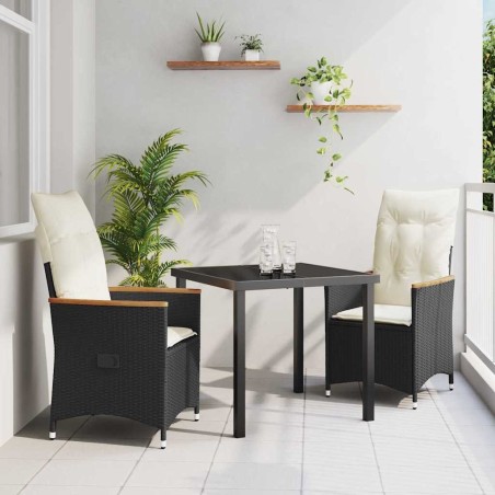 Ensemble de salle à manger de jardin 3 pièces avec coussins noirs en poly rotin. 