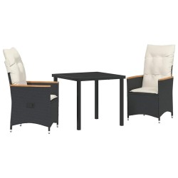 Ensemble de salle à manger de jardin 3 pièces avec coussins noirs en poly rotin. 