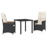 Ensemble de salle à manger de jardin 3 pièces avec coussins noirs en poly rotin. 