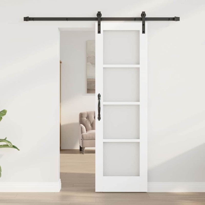 Porte coulissante avec kit de quincaillerie 'ORKDAL'en bois massif blanc et verre 