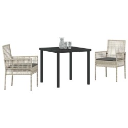 Ensemble de salle à manger de jardin 3 pièces avec coussins Gris clair Rattan PE 