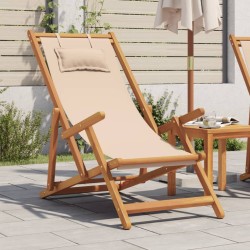 Chaise pliable de plage beige bois massif d'eucalyptus et tissu 