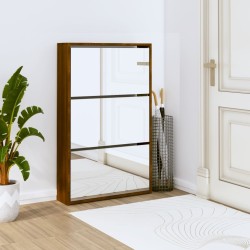 Armoire à chaussures miroir 3niveaux Chêne marron 63x17x102,5cm 