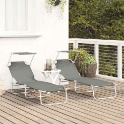 Chaises longues pliantes 2 pcs avec auvent en tissu Oxford gris 600D 