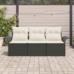 Ensemble de Canapé de Jardin 3 Pièces avec Coussins Noir Poly Rattan 