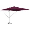 Parasol déporté Roma avec LEDs en rouge Bordeaux, 286 x 285 x 270 cm en aluminium. 