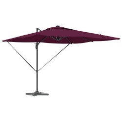 Parasol déporté Roma avec LEDs en rouge Bordeaux, 286 x 285 x 270 cm en aluminium. 