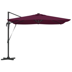Parasol déporté Roma avec LEDs en rouge Bordeaux, 286 x 285 x 270 cm en aluminium. 