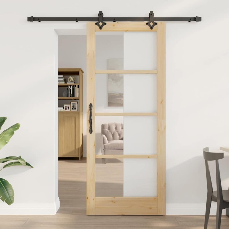 Set de Porte Coulissante avec Matériel "ORKDAL" Bois Massif & Verre 