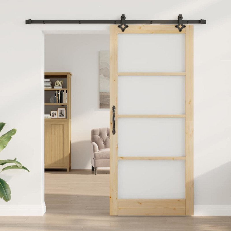 Porte Coulissante avec Kit de Quincaillerie 'ORKDAL'en Bois Massif & Verre 