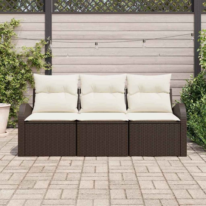Canapé de jardin 3 pièces avec coussins marron en poly rotin. 