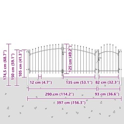 Portail de jardin avec sommet pointu gris, 125 x 400 cm en acier. 