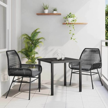 Ensemble de Salle à Manger de Jardin 3 Pièces Avec Coussins Noirs en Poly Rattan 