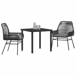 Ensemble de Salle à Manger de Jardin 3 Pièces Avec Coussins Noirs en Poly Rattan 