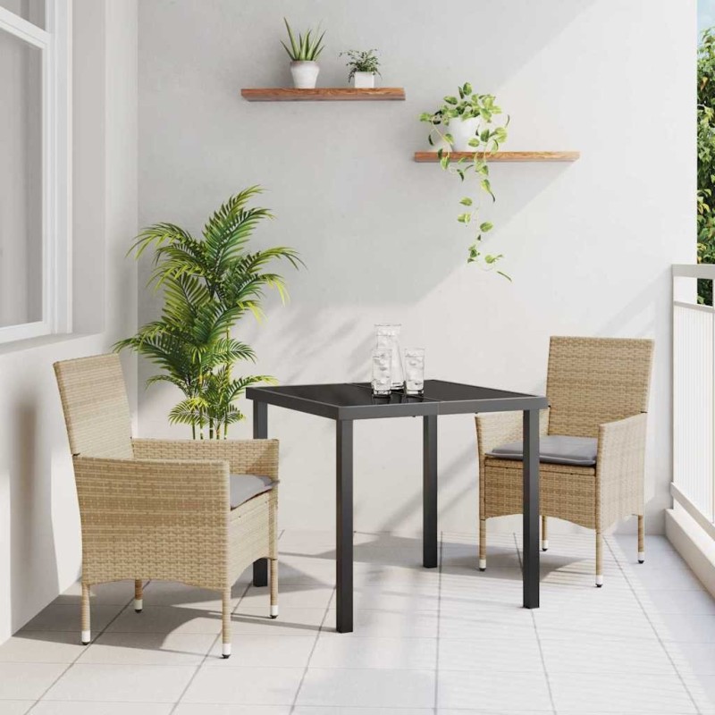 Ensemble de Dîner de Jardin 3 Pièces avec Coussins Beige en Poly Rattan. 