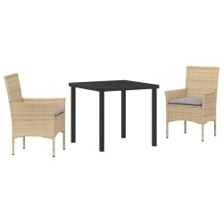Ensemble de Dîner de Jardin 3 Pièces avec Coussins Beige en Poly Rattan. 