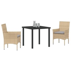 Ensemble de Dîner de Jardin 3 Pièces avec Coussins Beige en Poly Rattan. 