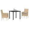 Ensemble de Dîner de Jardin 3 Pièces avec Coussins Beige en Poly Rattan. 